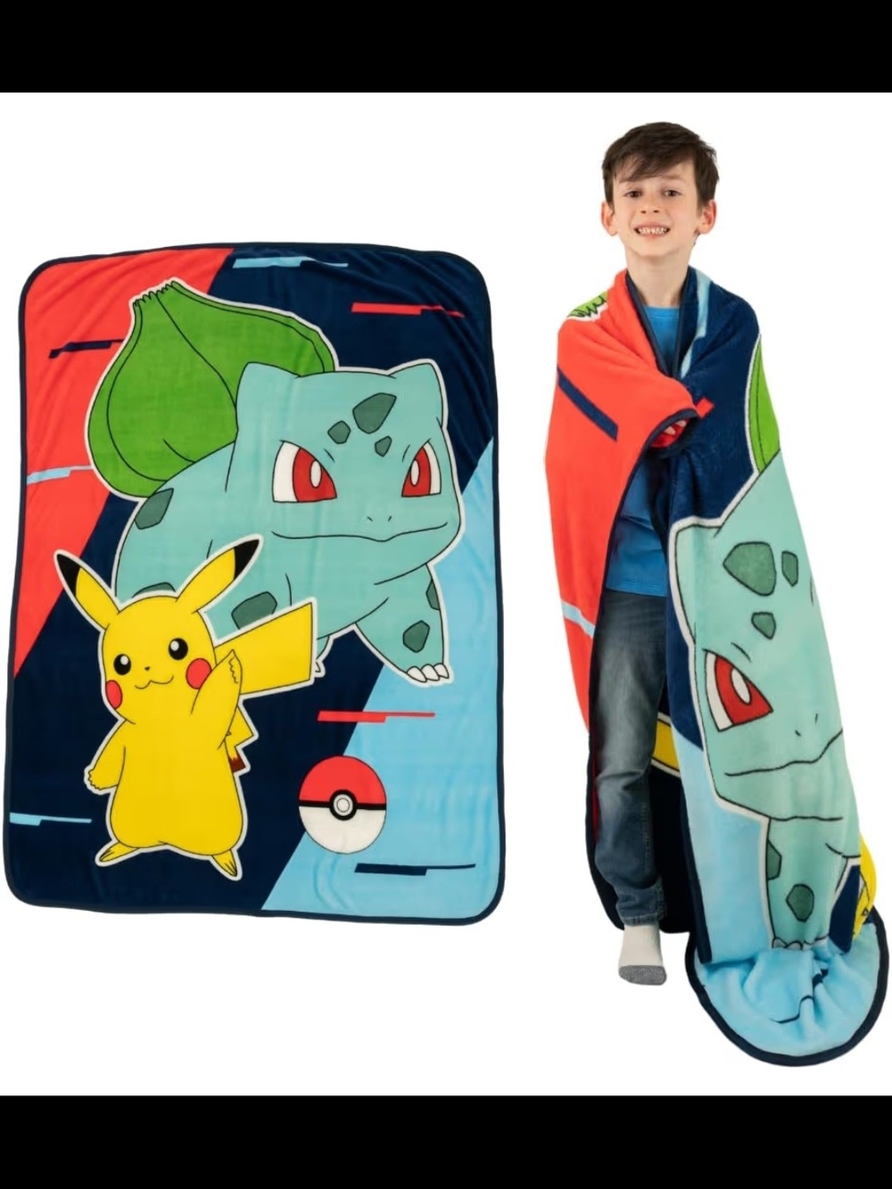 Pokémon Nintendo Pikachu & Bulbasaur Kids Blanket - Red Blue Green